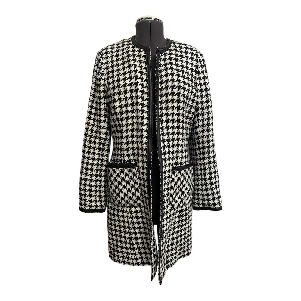 VS2 By Vakko Houndstooth Vegan Leather Trim Open Jacket Coat Size 14 Black White